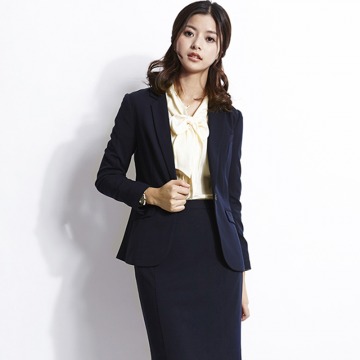 OFFIY-SMART女士职业面试藏青修身弹力正装西装外套长款短款大码