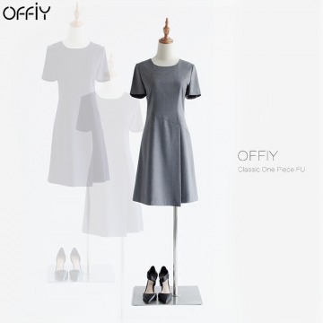 OFFIY夏季叠襟职业通勤正式短袖黑灰修身A字及膝圆领OL连衣裙大码