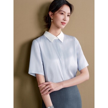 清凉好看蓝白色拼接细条纹短袖衬衫高级气质女上衣春夏